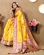 Lorenvalley Fashion Yellow Soft Paithani Silk Woven Design Rich Meenakari Zari Weaving Pallu Saree | Grocsy