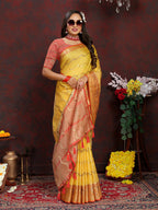 Lorenvalley Fashion Yellow Soft Katan Silk Woven Design Zari Weaving Pallu Saree | Grocsy