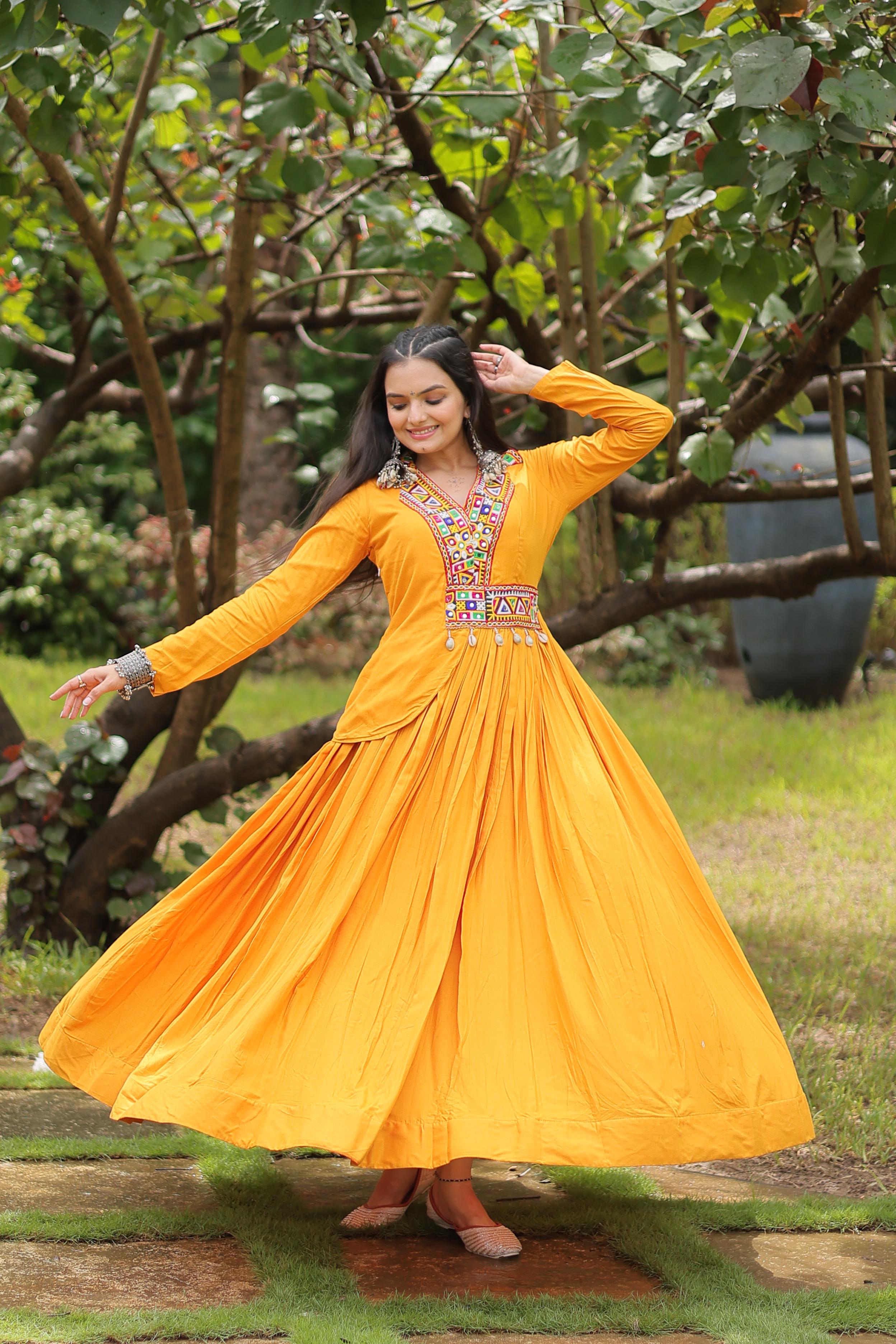Lorenvalley Yellow Rayon Fabric With Kutchi Gamthi Work Gown | Grocsy
