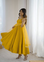 Lorenvalley Fashion Yellow Pure Romansilk Chanderi Fabric Yoke Fancy Lace Work Anarkali Kurta Pant With Dupatta Set | Grocsy