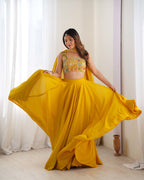 Lorenvalley Yellow Faux Georgette Stitched Lehenga Embroidery Blouse with Dupatta | Grocsy