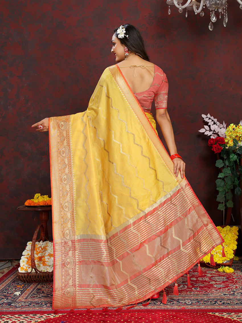 Lorenvalley Fashion Yellow Soft Katan Silk Woven Design Zari Weaving Pallu Saree | Grocsy