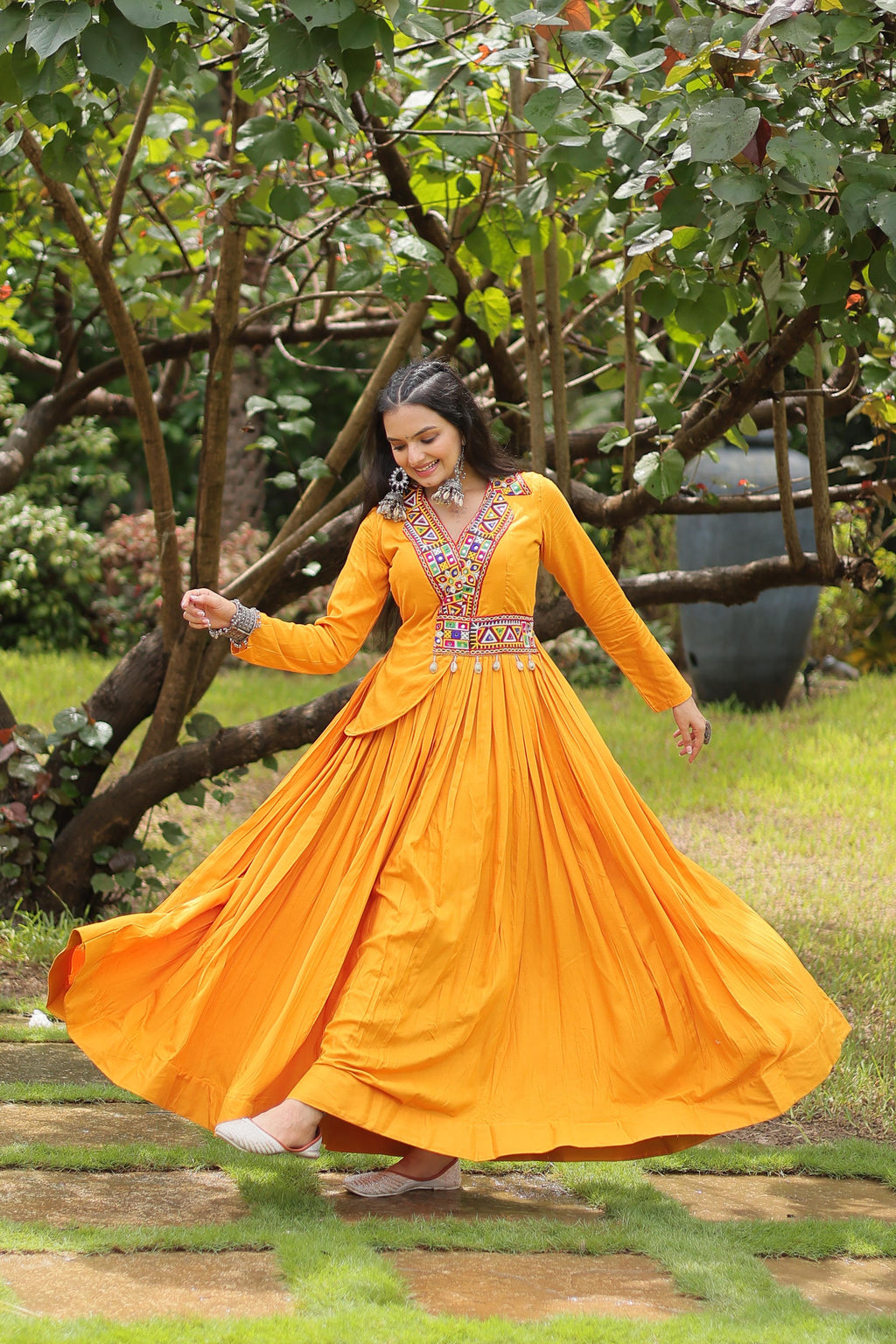 Lorenvalley Yellow Rayon Fabric With Kutchi Gamthi Work Gown | Grocsy