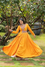 Lorenvalley Yellow Rayon Fabric With Kutchi Gamthi Work Gown | Grocsy