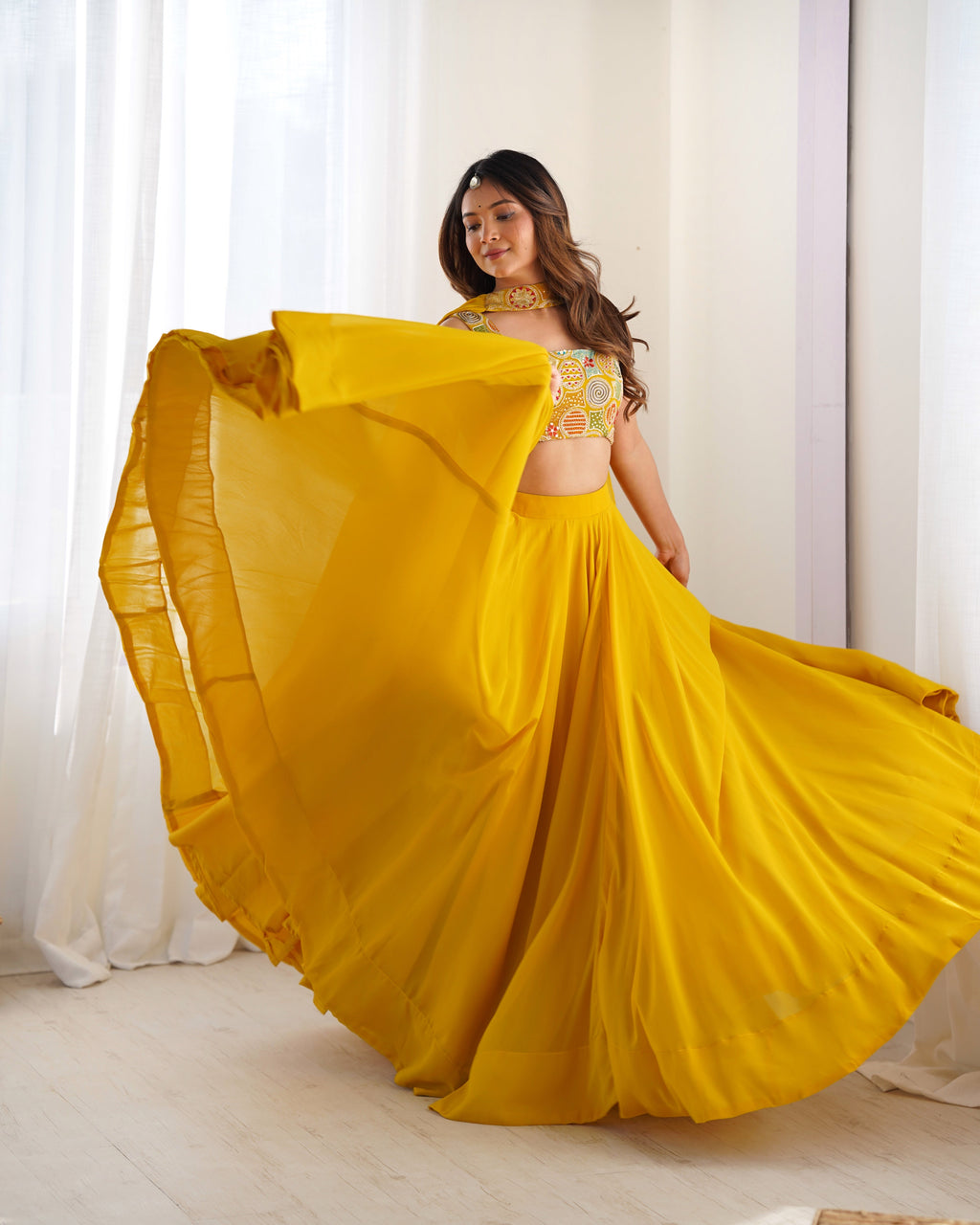 Lorenvalley Yellow Faux Georgette Stitched Lehenga Embroidery Blouse with Dupatta | Grocsy