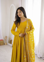 Lorenvalley Fashion Yellow Roman Chanderi Silk 16 Kali Anarkali Gown Pants with Dupatta | Grocsy