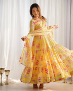 Lorenvalley Women Pure Soft Faux Georgette Floral Print Fully Flair Anarkali Kurta Pant With Dupatta Set - Yellow | Grocsy