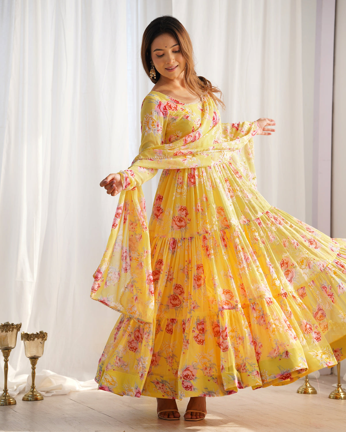 Lorenvalley Women Pure Soft Faux Georgette Floral Print Fully Flair Anarkali Kurta Pant With Dupatta Set - Yellow | Grocsy