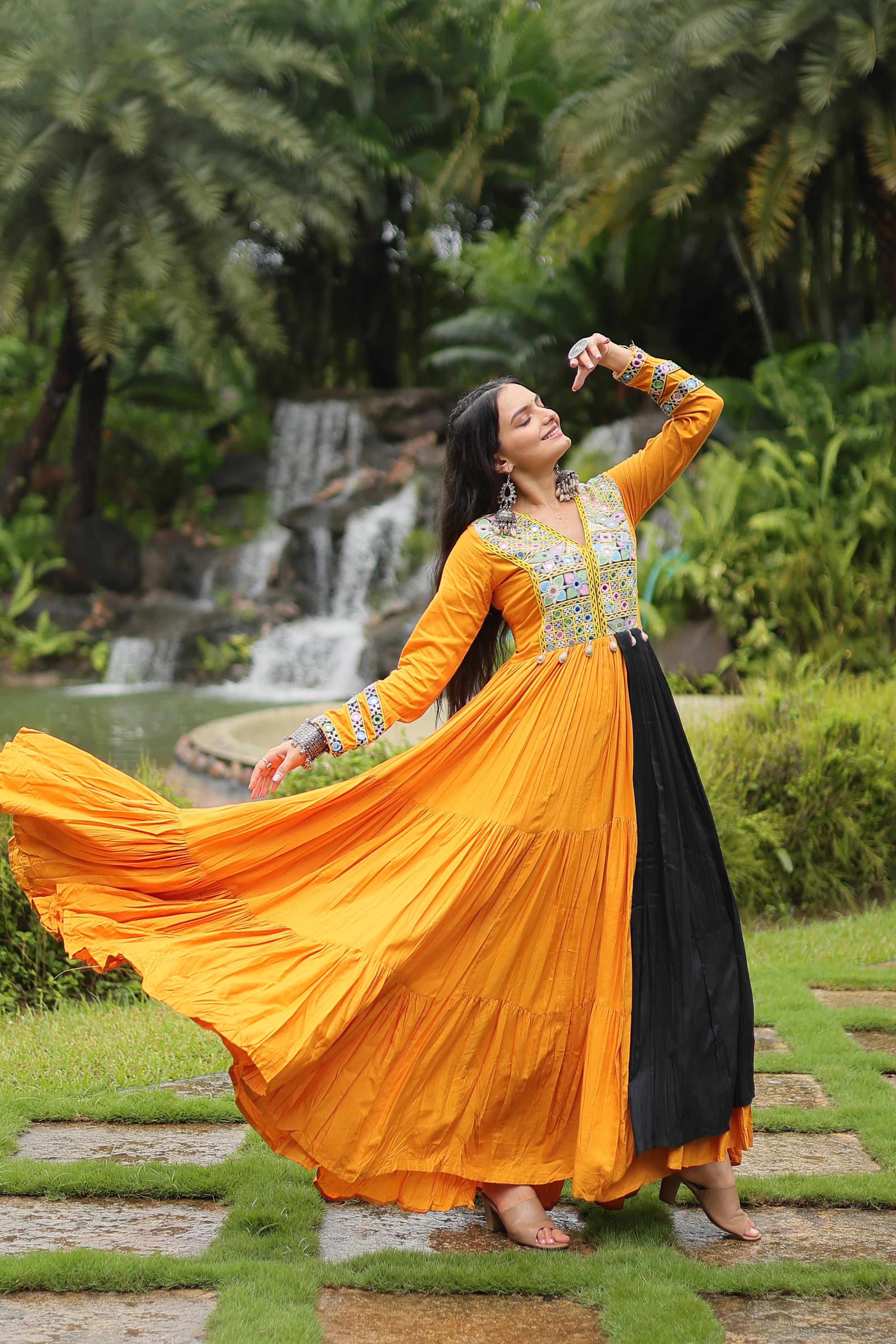 Lorenvalley Yellow Rayon Fabric With Kutchi Gamthi Work Gown | Grocsy