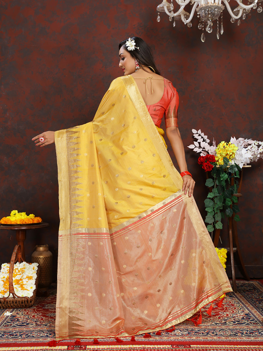 Lorenvalley Fashion Yellow Soft Katan Silk Woven Design Zari Weaving Pallu Saree | Grocsy