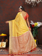 Lorenvalley Fashion Yellow Soft Katan Silk Woven Design Zari Weaving Pallu Saree | Grocsy