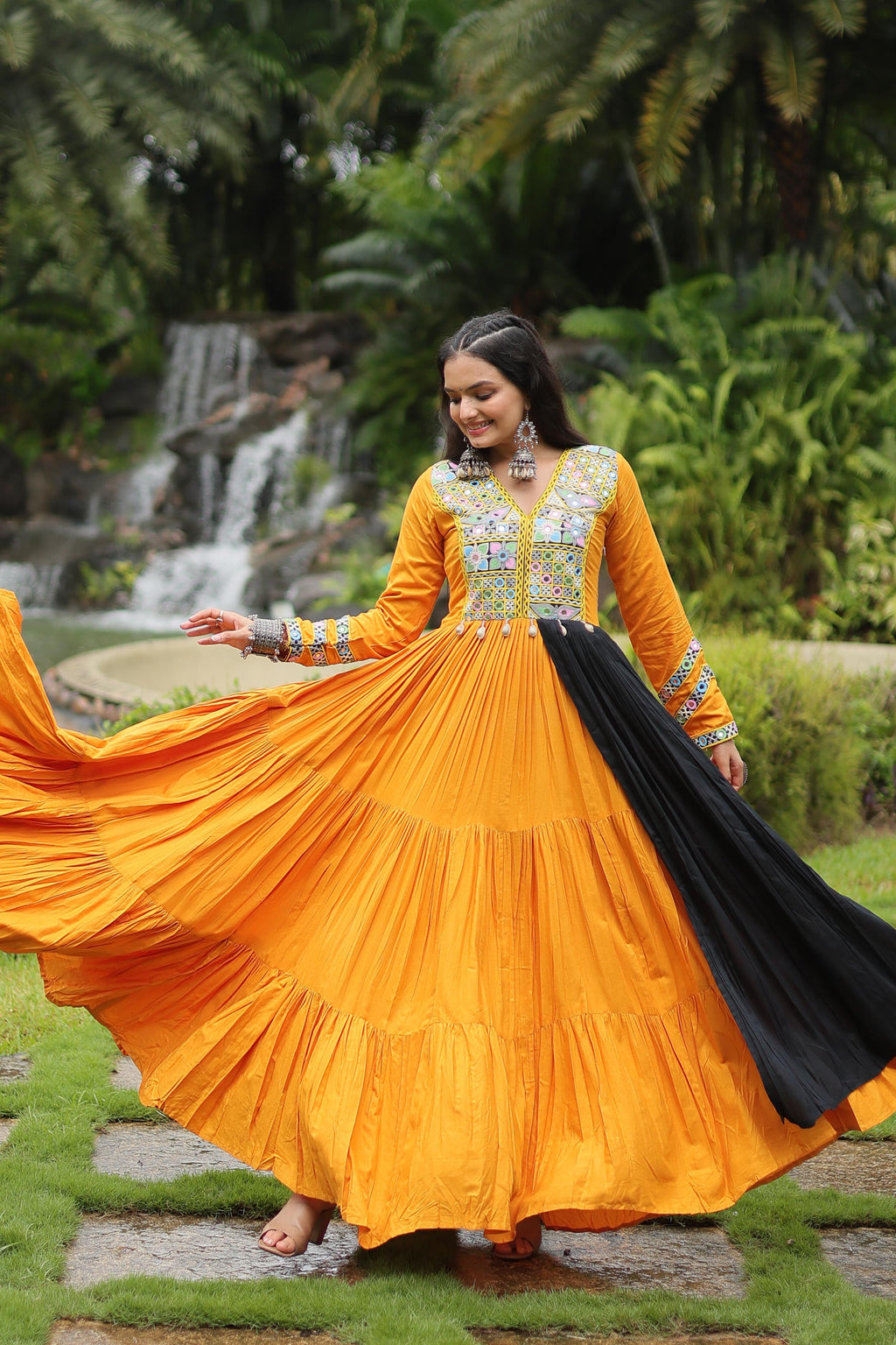 Lorenvalley Yellow Rayon Fabric With Kutchi Gamthi Work Gown | Grocsy