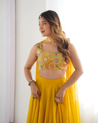 Lorenvalley Yellow Faux Georgette Stitched Lehenga Embroidery Blouse with Dupatta | Grocsy