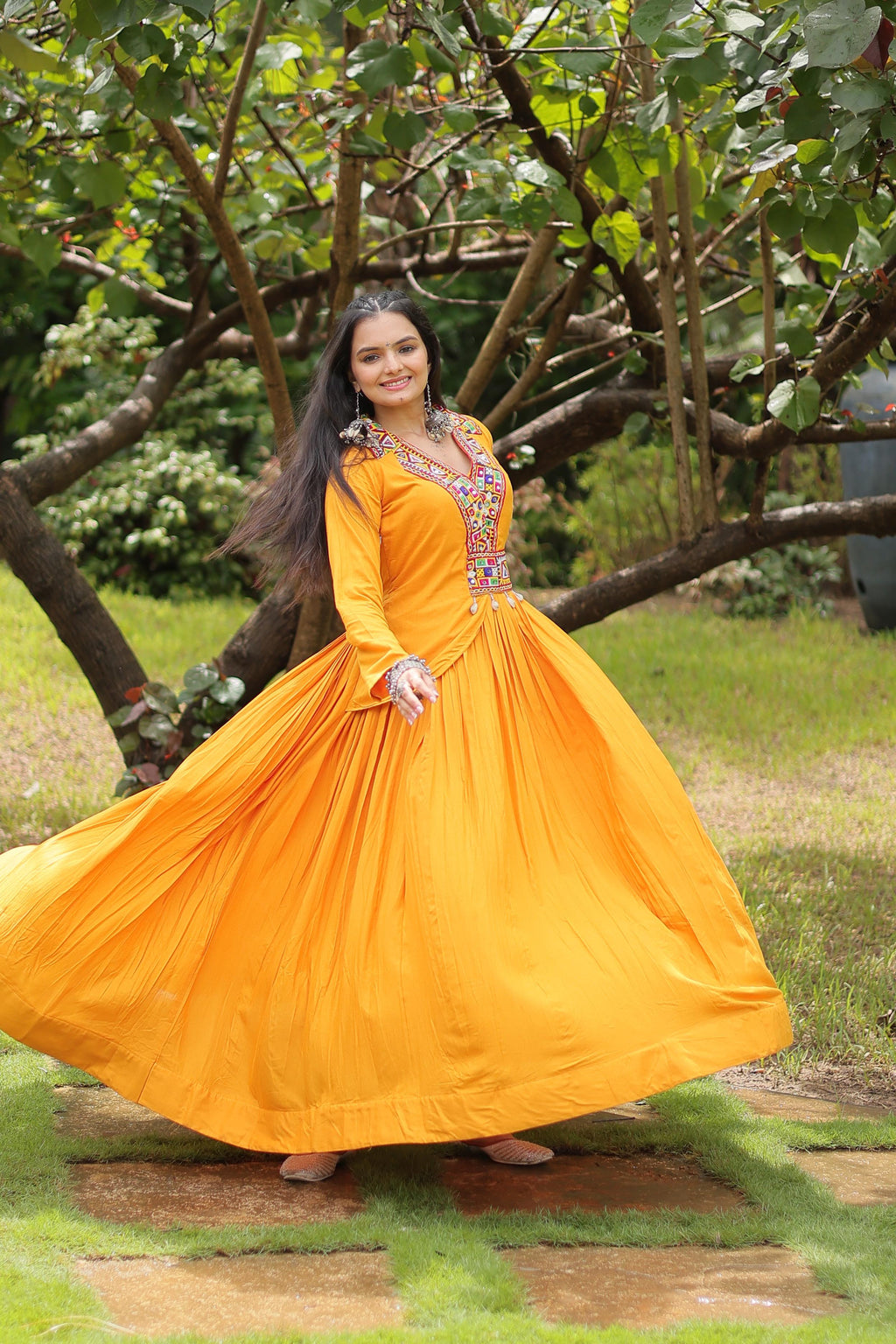 Lorenvalley Yellow Rayon Fabric With Kutchi Gamthi Work Gown | Grocsy