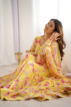 Lorenvalley Women Pure Soft Faux Georgette Floral Print Fully Flair Anarkali Kurta Pant With Dupatta Set - Yellow | Grocsy