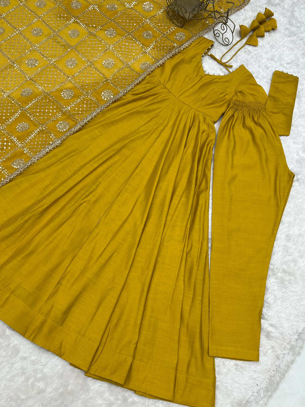 Lorenvalley Fashion Yellow Roman Chanderi Silk 16 Kali Anarkali Gown Pants with Dupatta | Grocsy