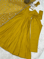 Lorenvalley Fashion Yellow Roman Chanderi Silk 16 Kali Anarkali Gown Pants with Dupatta | Grocsy