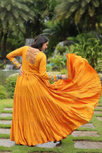 Lorenvalley Yellow Rayon Fabric With Kutchi Gamthi Work Gown | Grocsy
