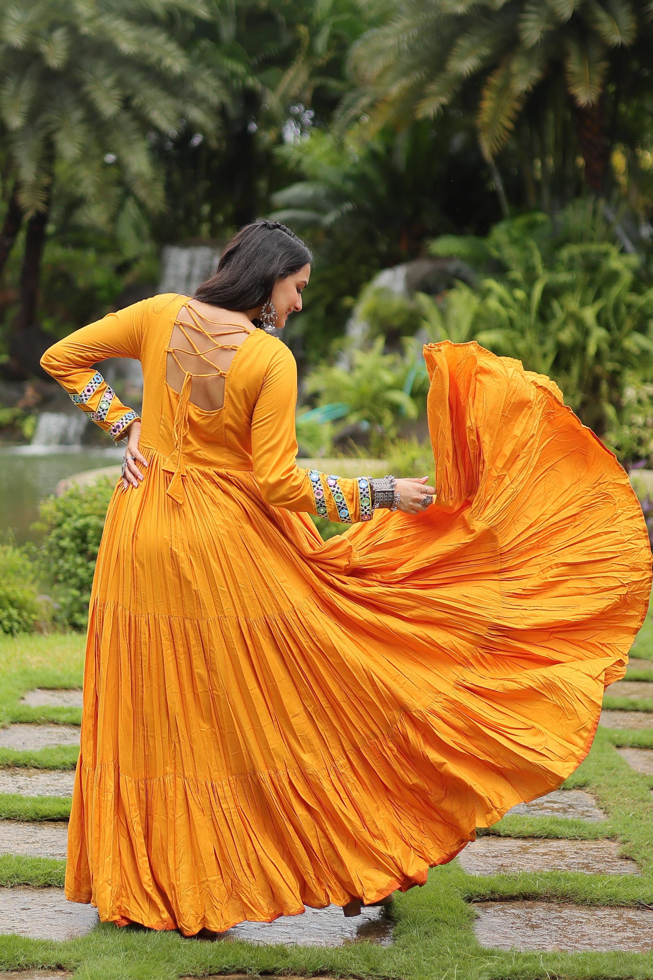 Lorenvalley Yellow Rayon Fabric With Kutchi Gamthi Work Gown | Grocsy