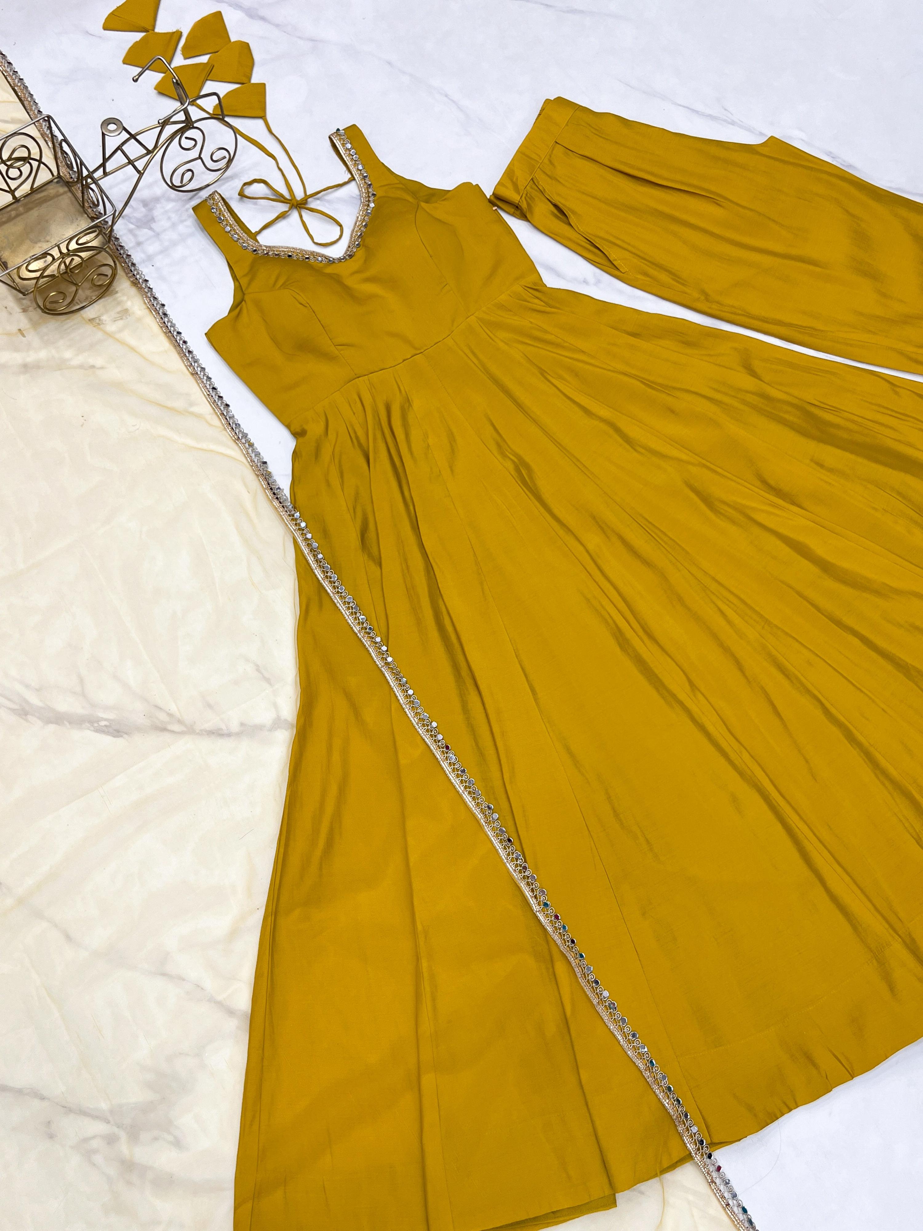 Lorenvalley Fashion Yellow Pure Romansilk Chanderi Fabric Yoke Fancy Lace Work Anarkali Kurta Pant With Dupatta Set | Grocsy