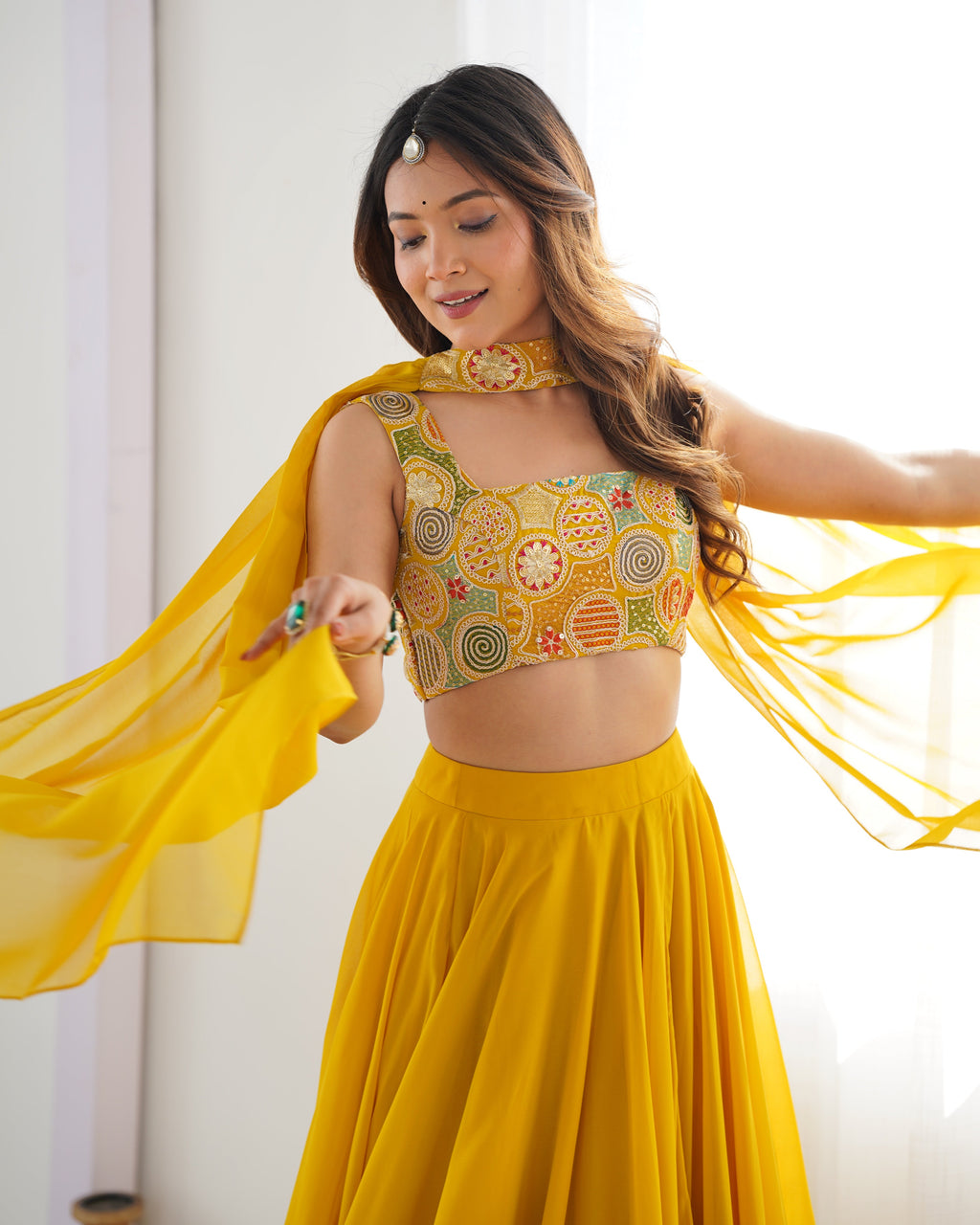 Lorenvalley Yellow Faux Georgette Stitched Lehenga Embroidery Blouse with Dupatta | Grocsy