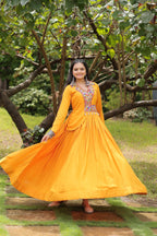 Lorenvalley Yellow Rayon Fabric With Kutchi Gamthi Work Gown | Grocsy