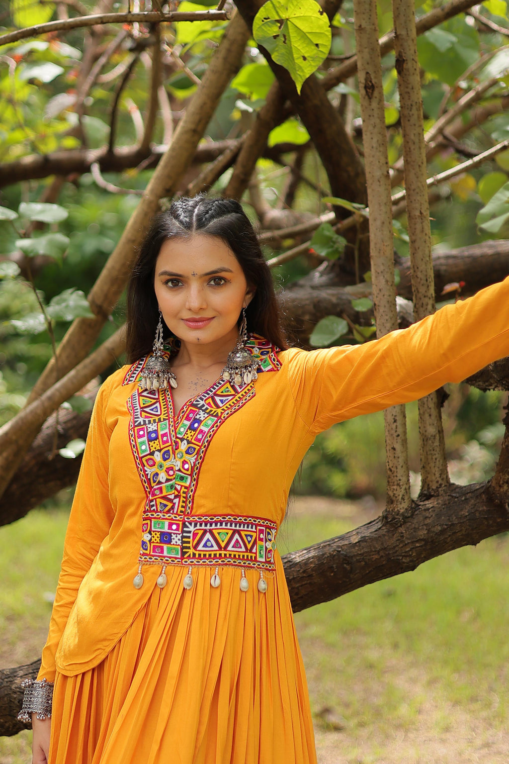 Lorenvalley Yellow Rayon Fabric With Kutchi Gamthi Work Gown | Grocsy