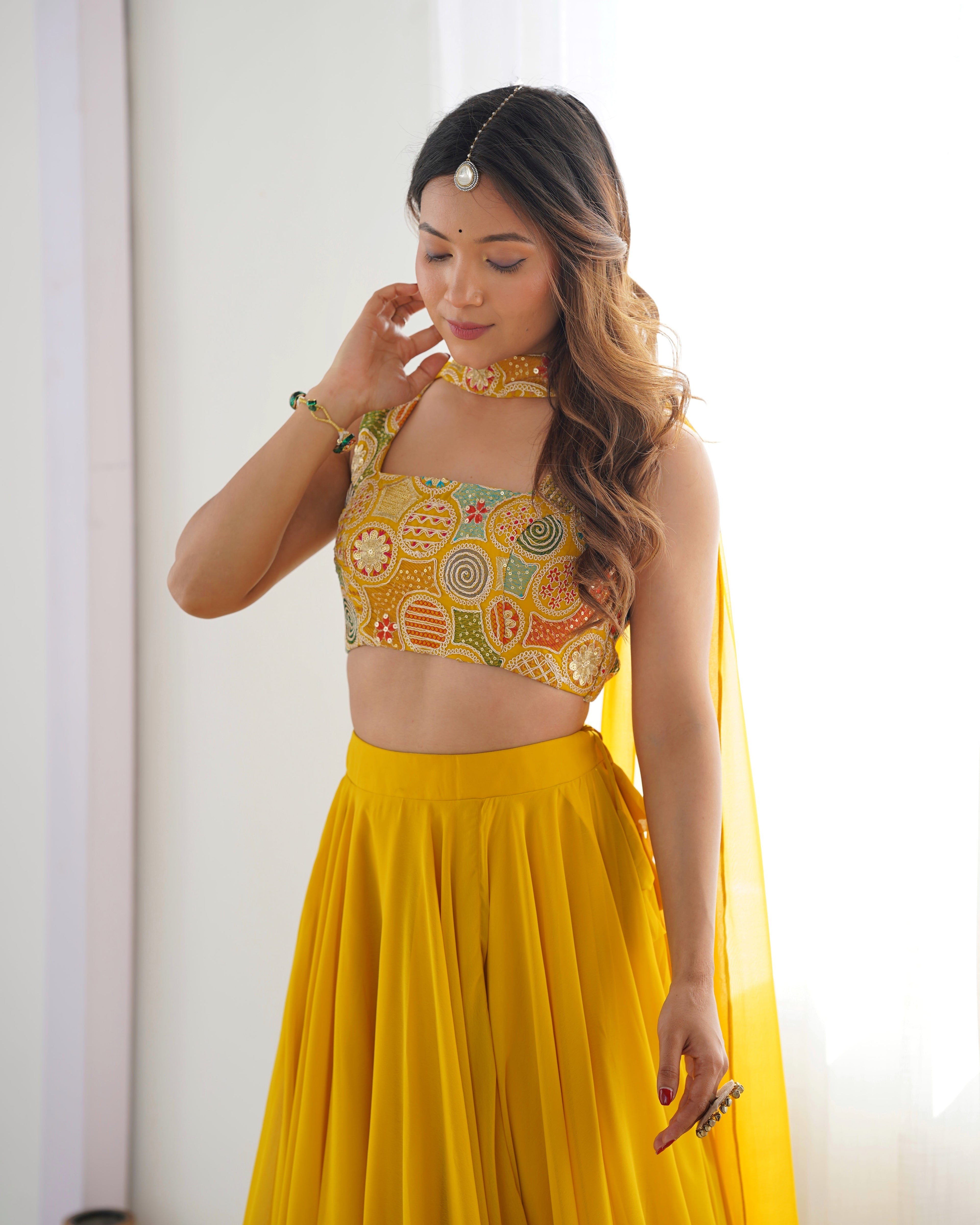 Lorenvalley Yellow Faux Georgette Stitched Lehenga Embroidery Blouse with Dupatta | Grocsy