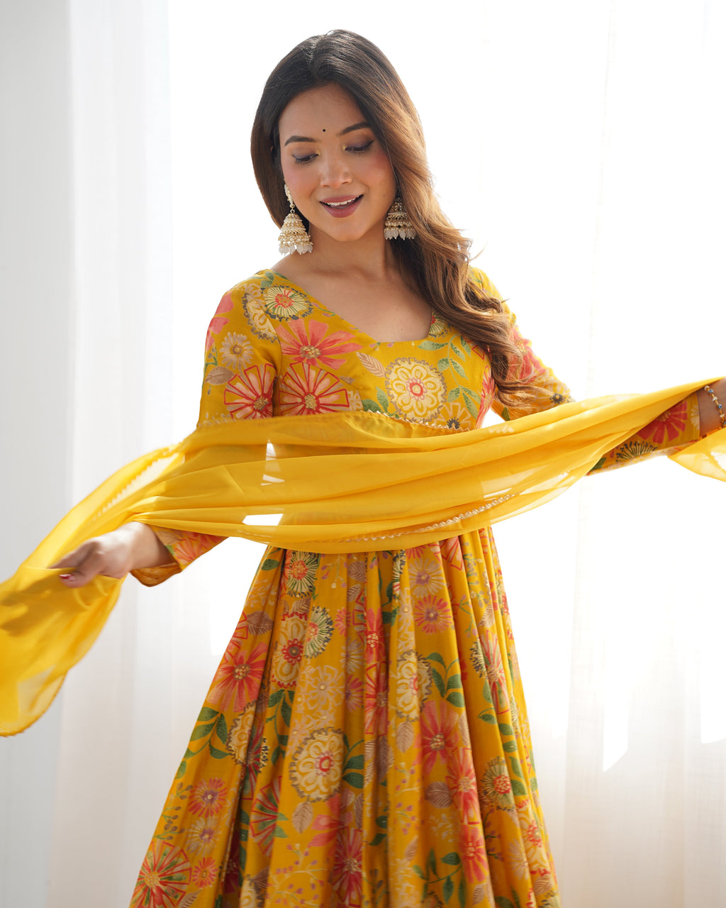 Lorenvalley Women Pure Soft Roman silk Chanderi Discharge Print Fabric Kediya Kurta Palazzo with Dupatta Set - Yellow | Grocsy
