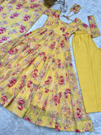 Lorenvalley Women Pure Soft Faux Georgette Floral Print Fully Flair Anarkali Kurta Pant With Dupatta Set - Yellow | Grocsy