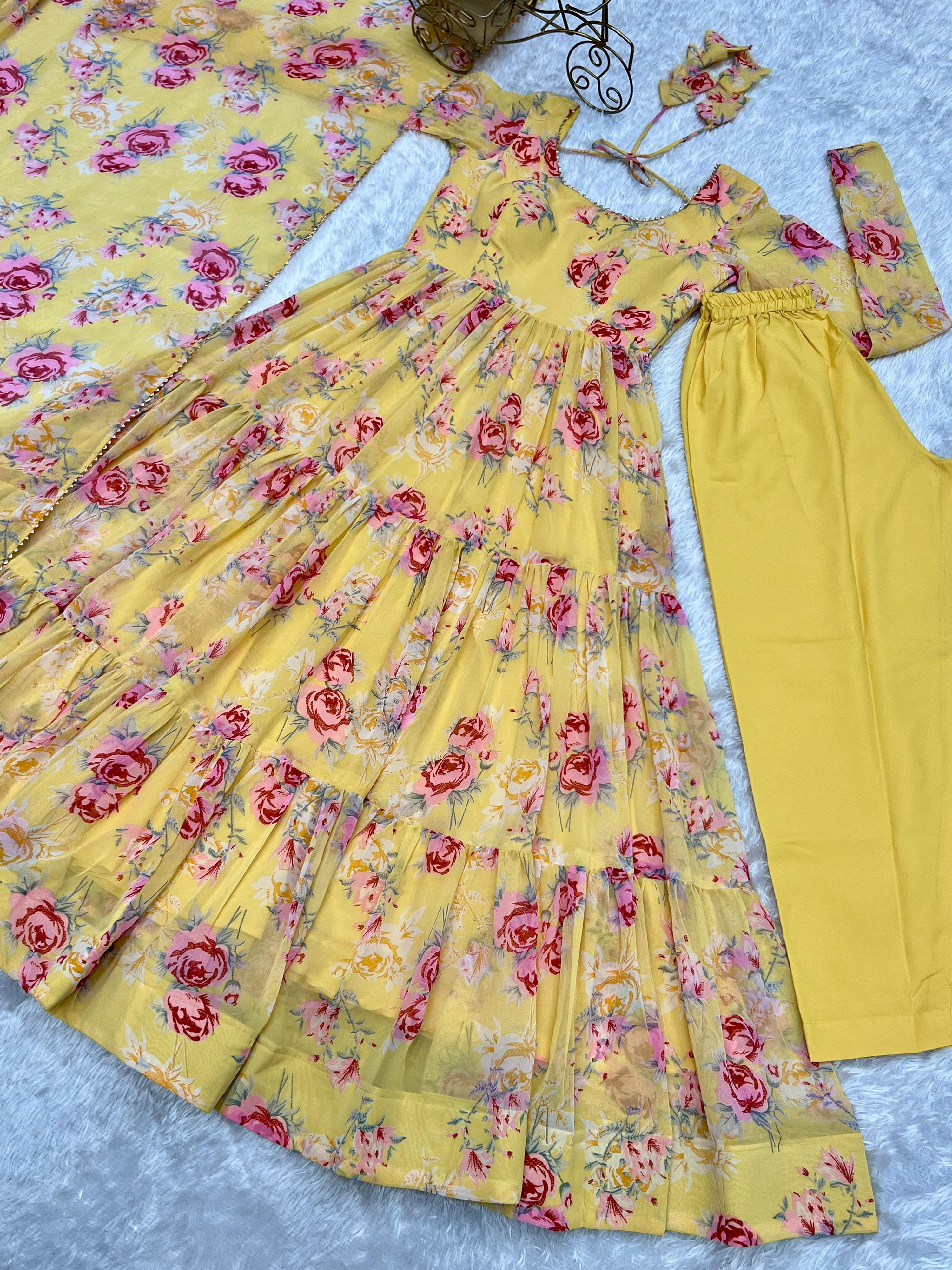 Lorenvalley Women Pure Soft Faux Georgette Floral Print Fully Flair Anarkali Kurta Pant With Dupatta Set - Yellow | Grocsy