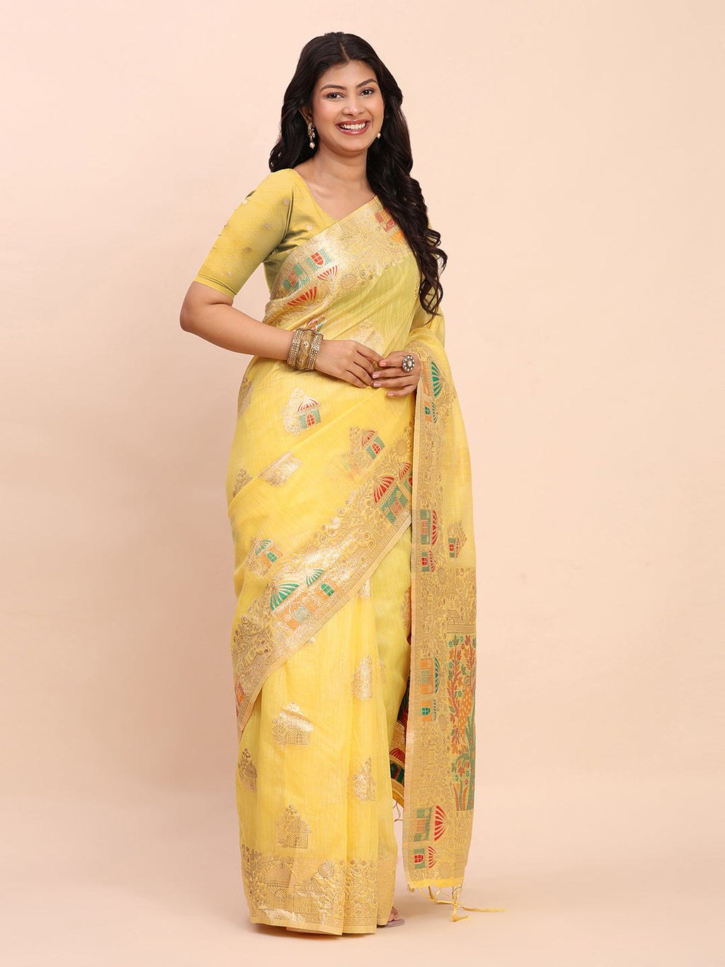 Anaita Yellow Linen Woven Work Saree With Blouse | Grocsy