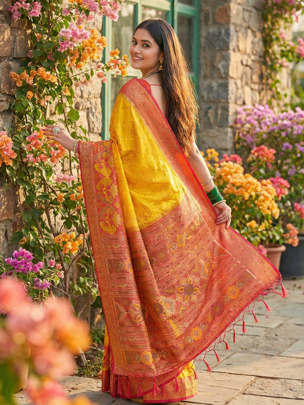 Anaita Yellow Pochampally Printed Saree With Blouse | Grocsy