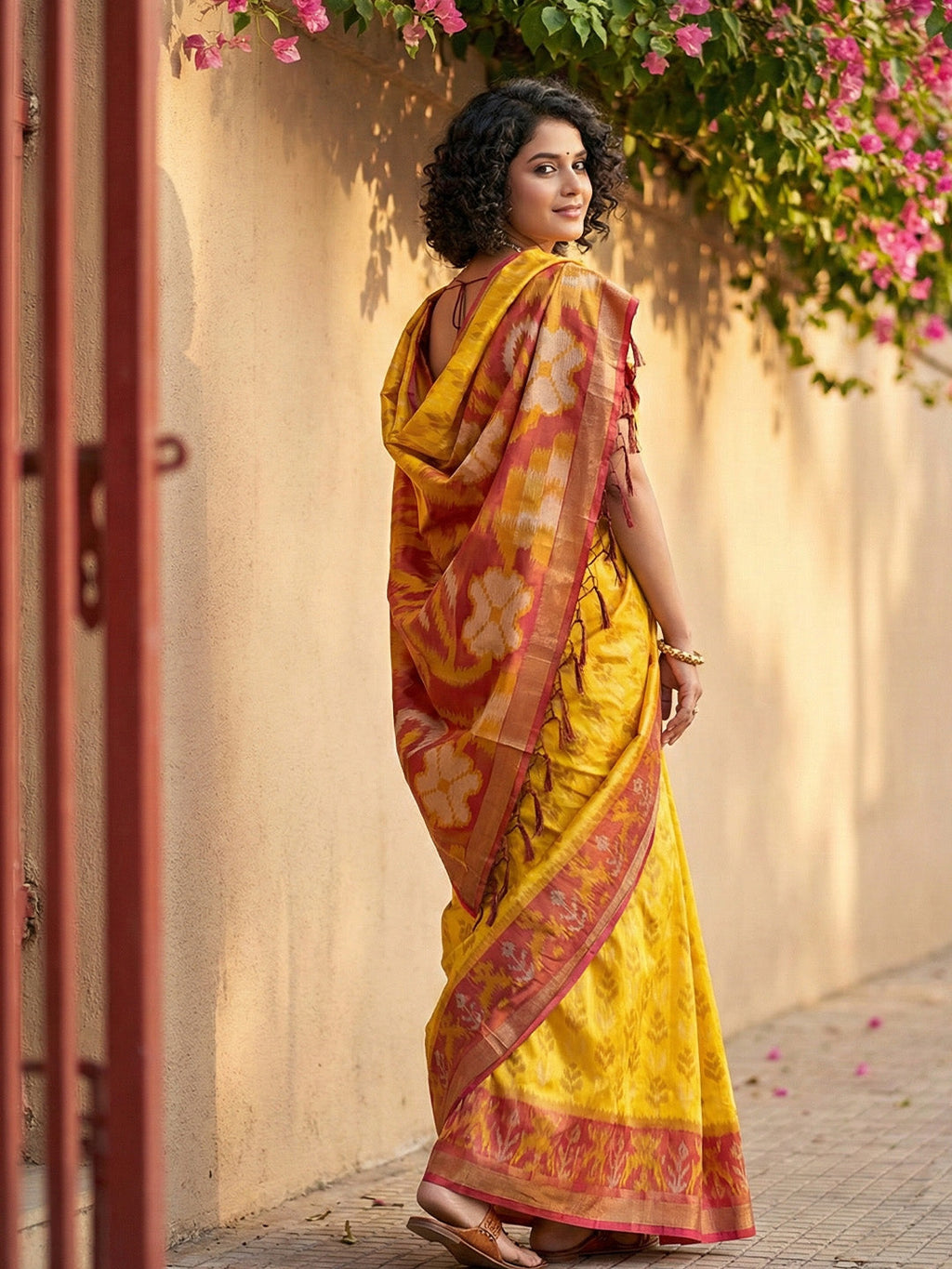 Anaita Yellow Pochampally Printed Saree With Blouse | Grocsy