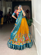 Lorenvalley Yellow Dola Silk and Jacquard Silk Printed (Kalamkari) With Zari Weaving Border Lehenga Choli | Grocsy