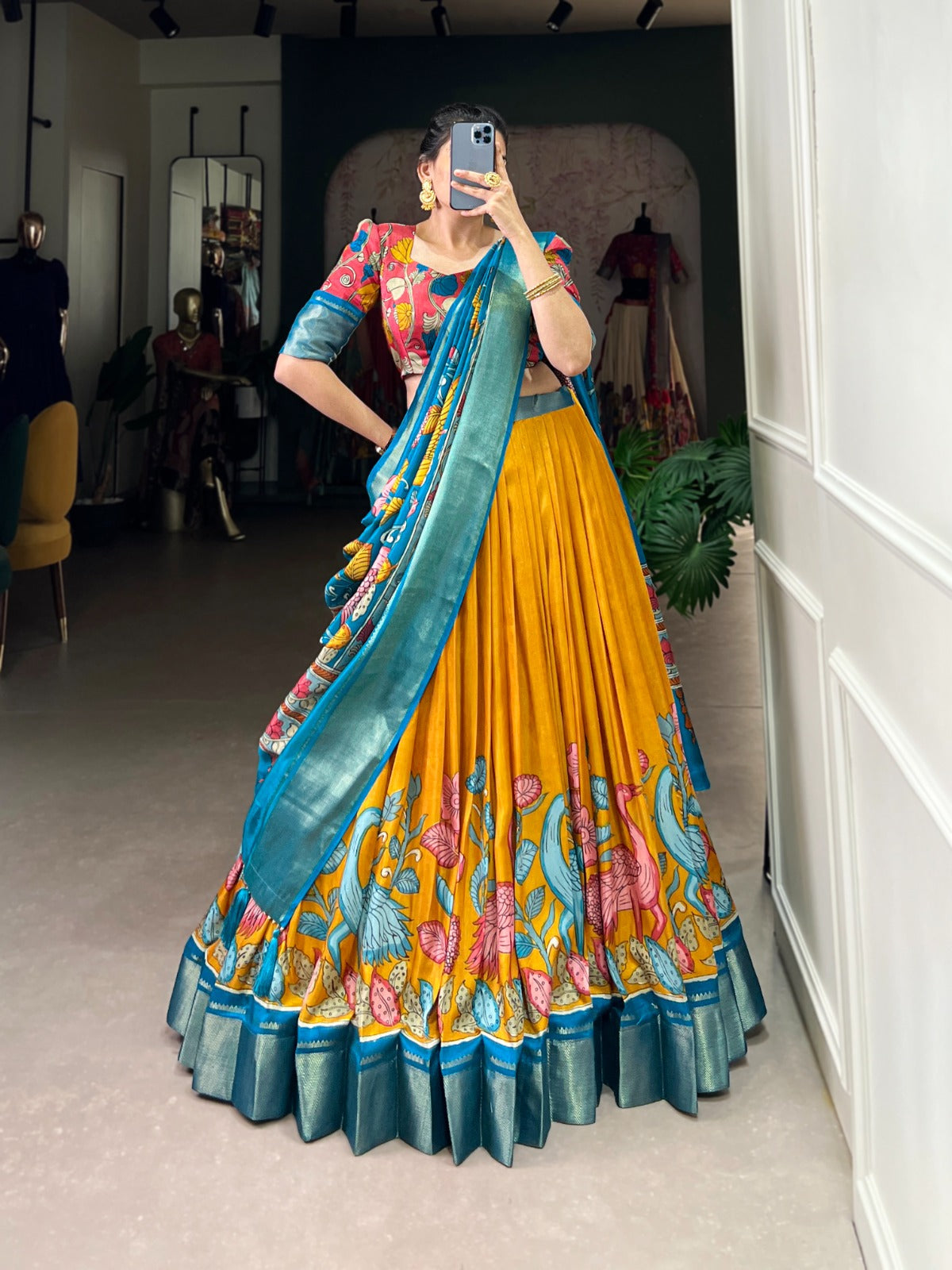Lorenvalley Yellow Dola Silk and Jacquard Silk Printed (Kalamkari) With Zari Weaving Border Lehenga Choli | Grocsy