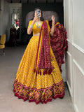 Lorenvalley Yellow Tussar Silk Lehenga Leheriya Patola Print Border With Choli Bandhej Print With Bandhej Print Gotta Patti Lace Border Dupatta | Grocsy