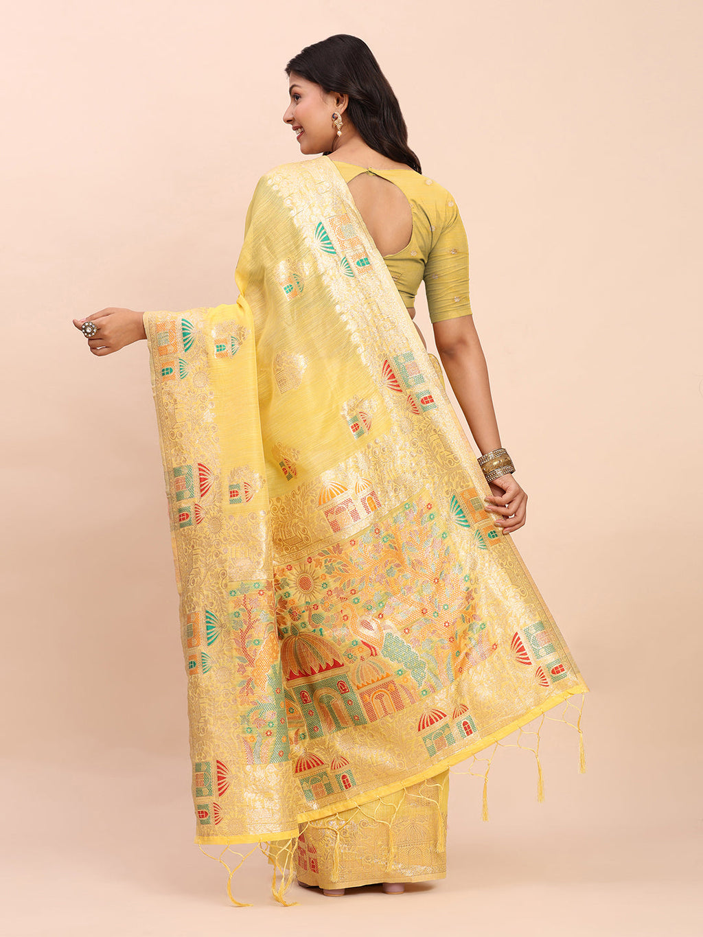 Anaita Yellow Linen Woven Work Saree With Blouse | Grocsy