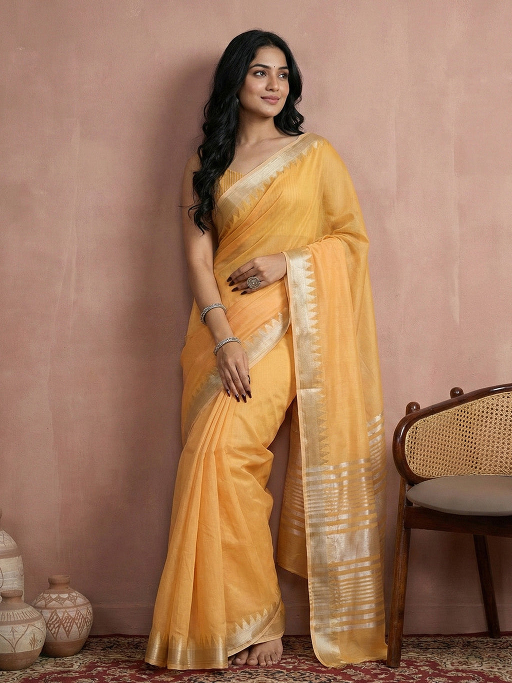 Anaita Yellow Cotton Saree With Blouse | Grocsy