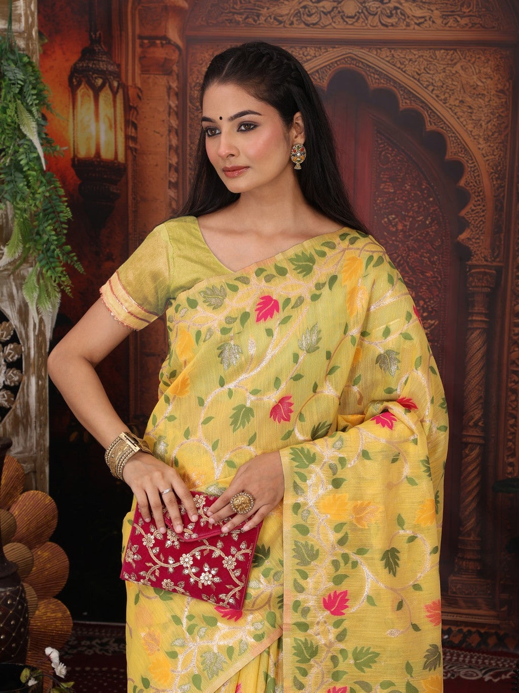 Anaita Yellow Linen Printed Saree With Blouse | Grocsy