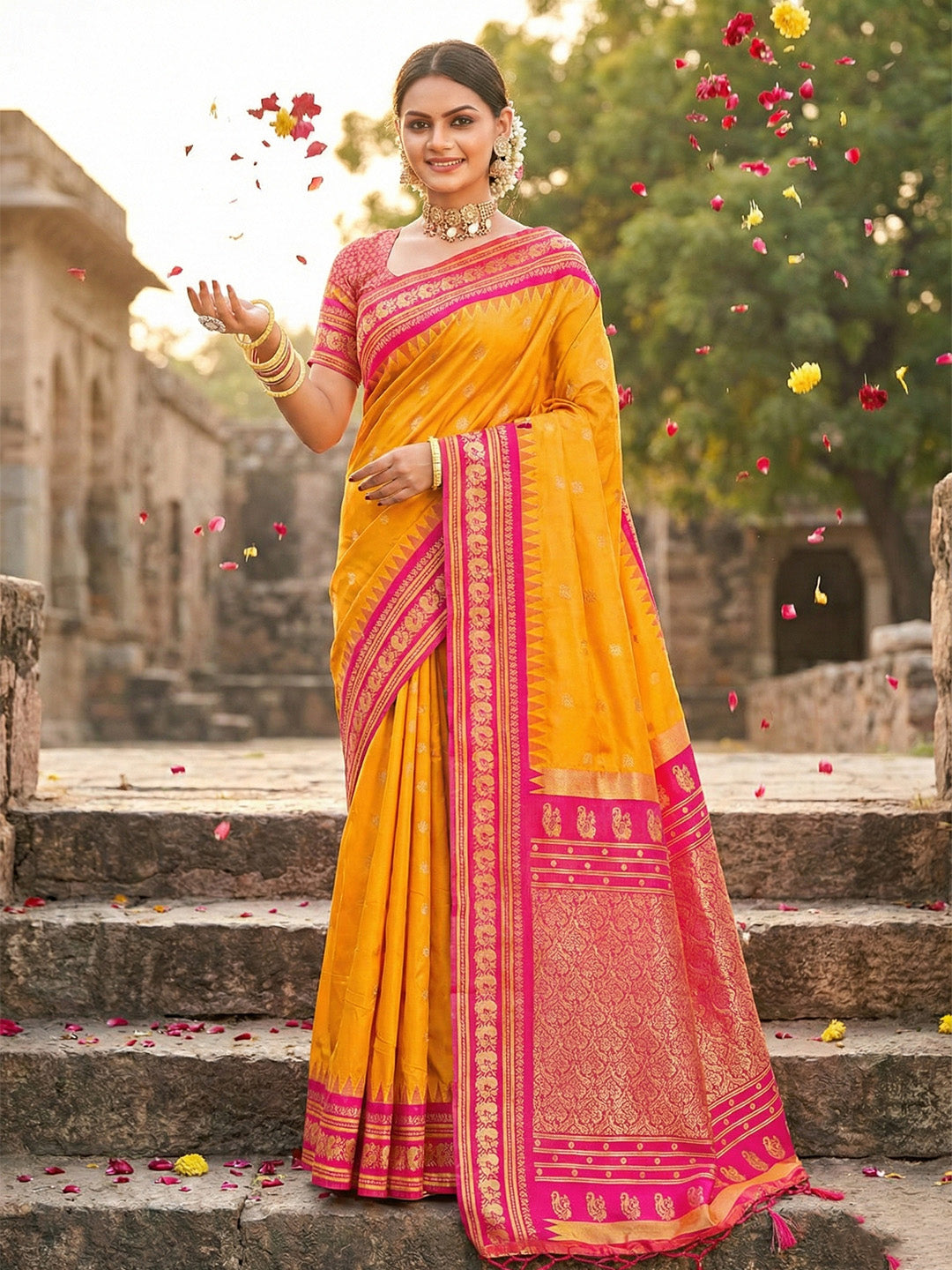 Anaita Yellow Silk Woven Saree With Blouse | Grocsy