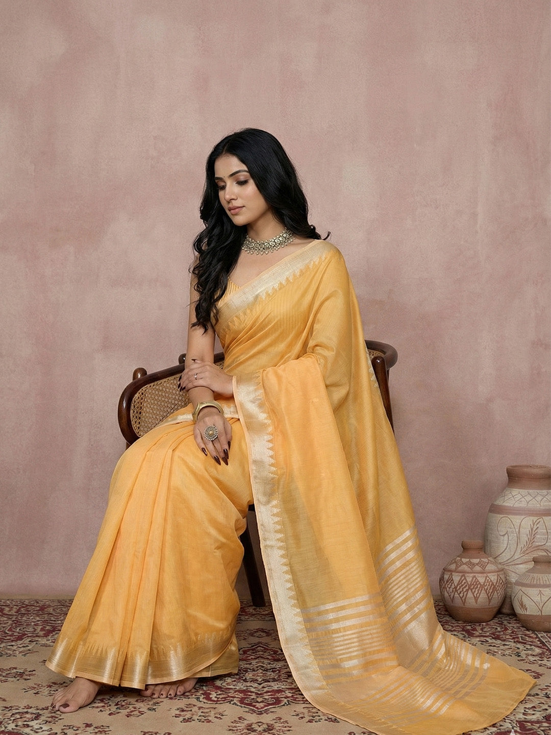 Anaita Yellow Cotton Saree With Blouse | Grocsy
