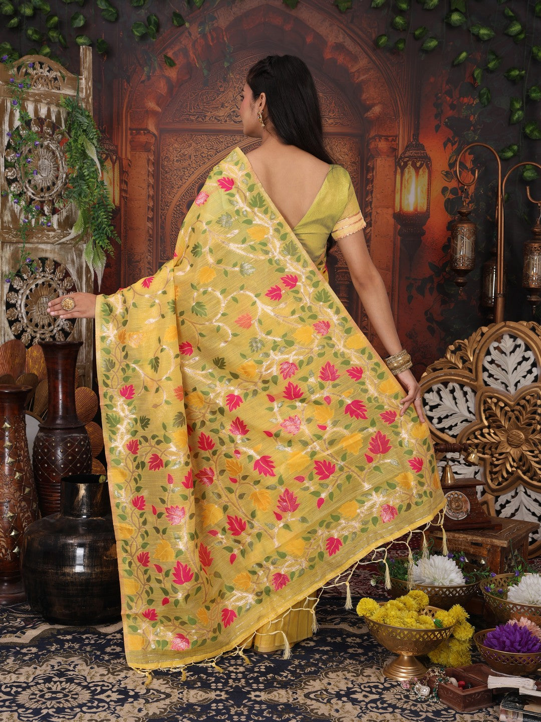 Anaita Yellow Linen Printed Saree With Blouse | Grocsy
