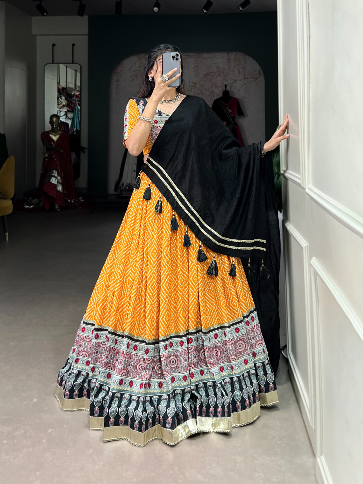 Lorenvalley Yellow Rayon with Bandhej And Ajarakh Print With Embossed Design Gota Lace Touch up Lehenga Choli | Grocsy
