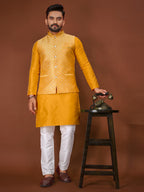 Anaita Yellow Jacquard Silk Straight Kurta With Koti & Pajama | Grocsy