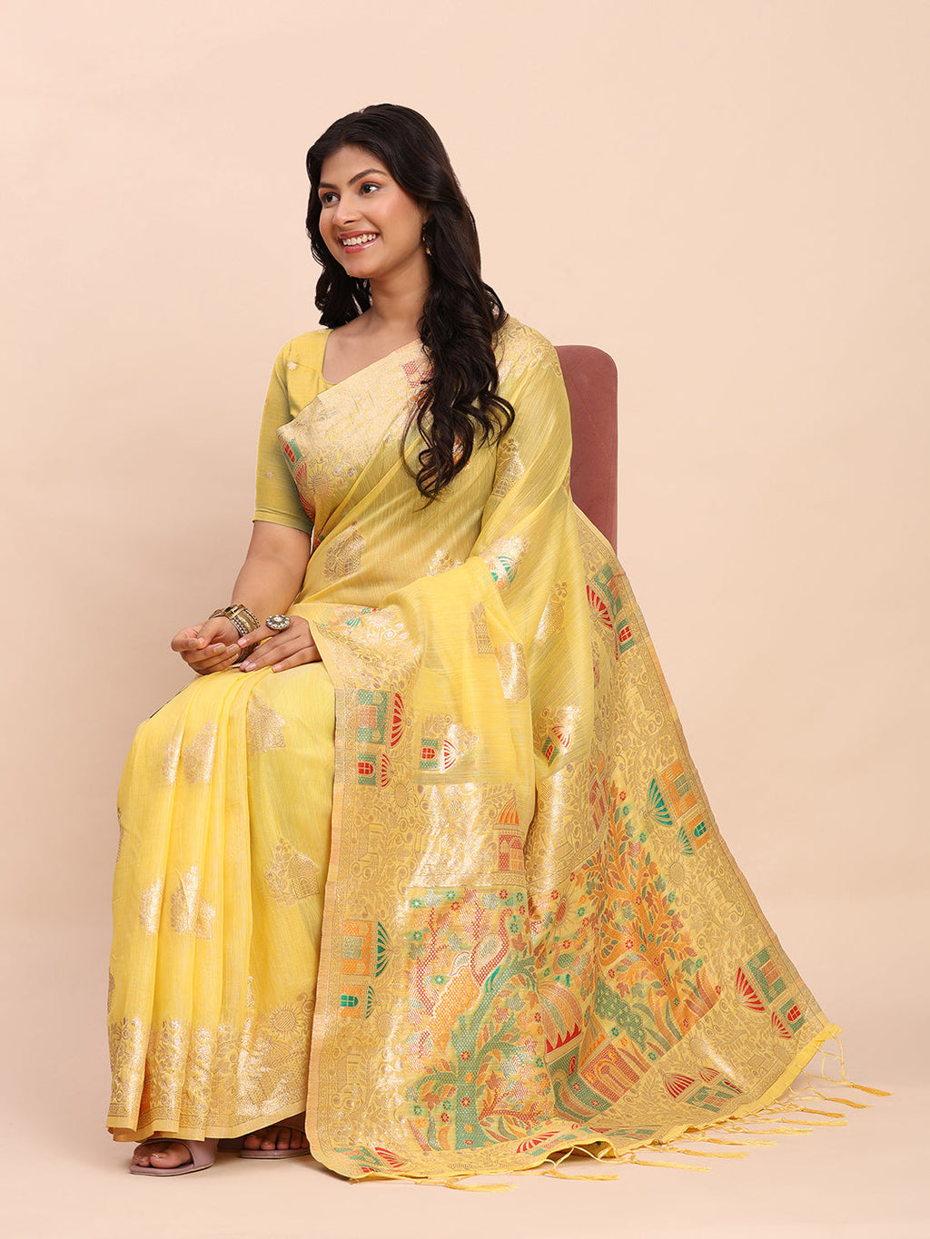 Anaita Yellow Linen Woven Work Saree With Blouse | Grocsy