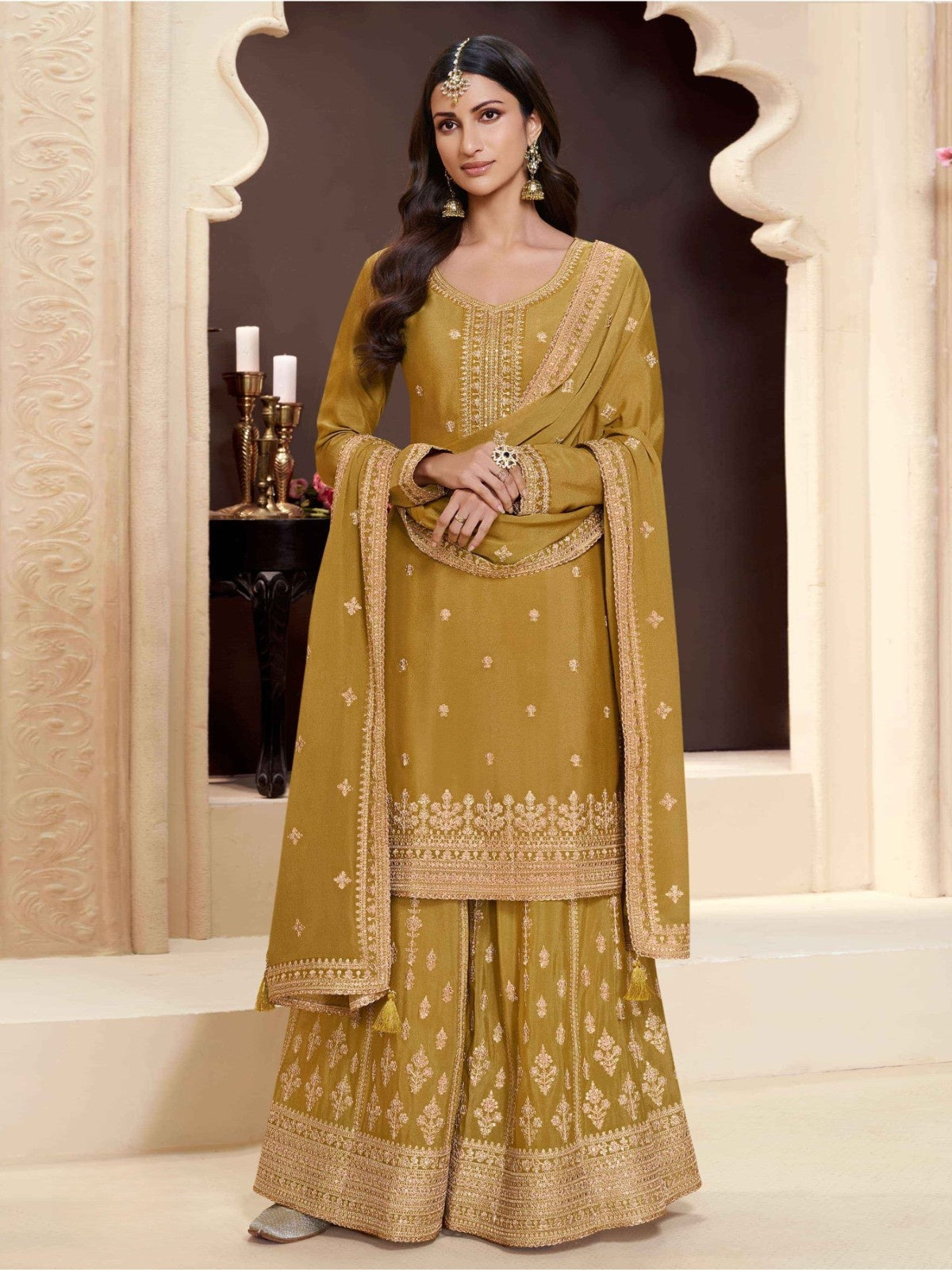 Anaita Yellow Chinon Embroidered Salwar Suit | Grocsy