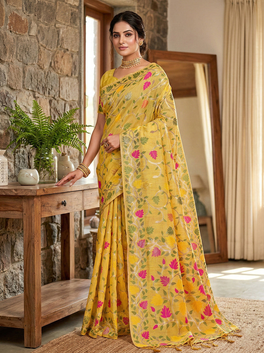 Anaita Yellow Linen Woven Work Saree With Blouse | Grocsy