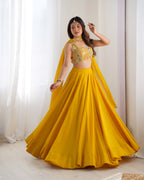 Lorenvalley Yellow Faux Georgette Stitched Lehenga Embroidery Blouse with Dupatta | Grocsy