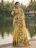 Anaita Yellow Linen Printed Saree With Blouse | Grocsy